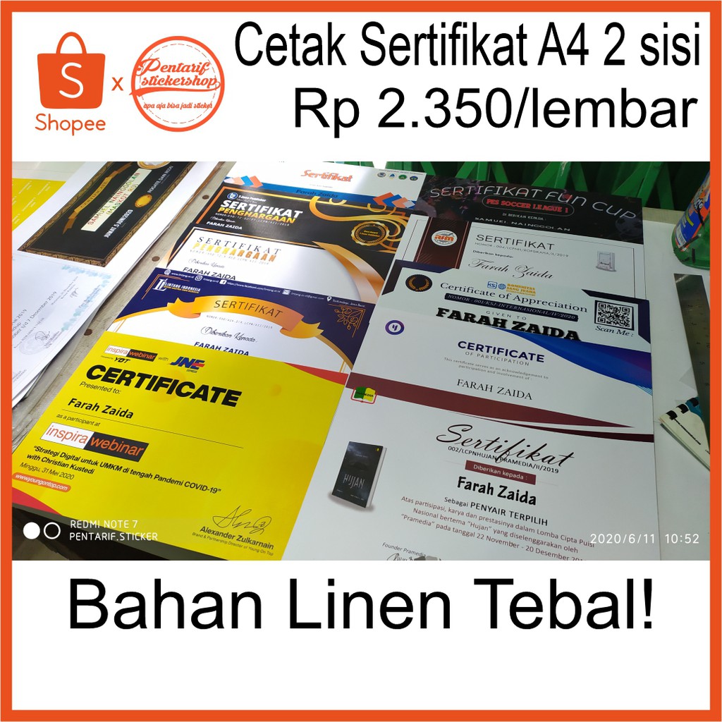 

Cetak Sertifikat bahan dasar Linen ukuran A4 2 Sisi (Bolak Balik)