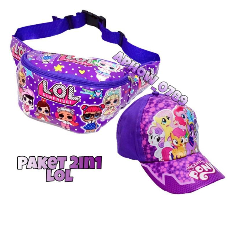 Paket 2in1 Tas Waist bag Anak Perempuan Unicorn Dan LOL Free Topi Print Usia 2-10thn