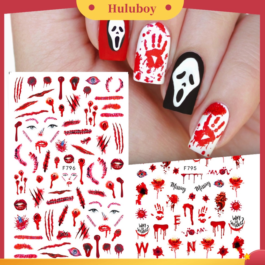 Huluboy Huluboy♡ 2pcs / Set Stiker Kuku Motif Tangan Berdarah Mata Merah Untuk Halloween