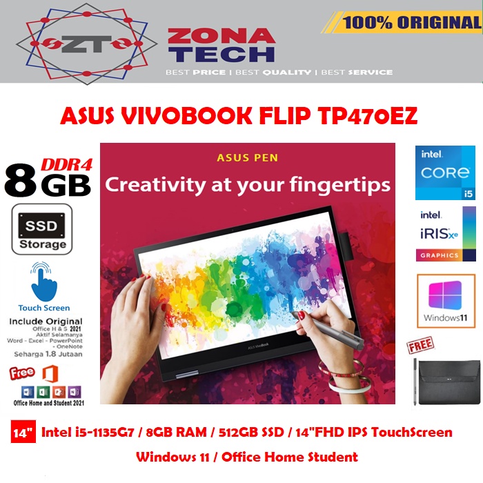 ASUS VIVOBOOK FLIP TP470EZ - i5-1135G7 - 8GB - 512GB SSD - IRIS XE - BACKLIT KB - 14&quot;FHD IPS TOUCH - WIN11 - OHS