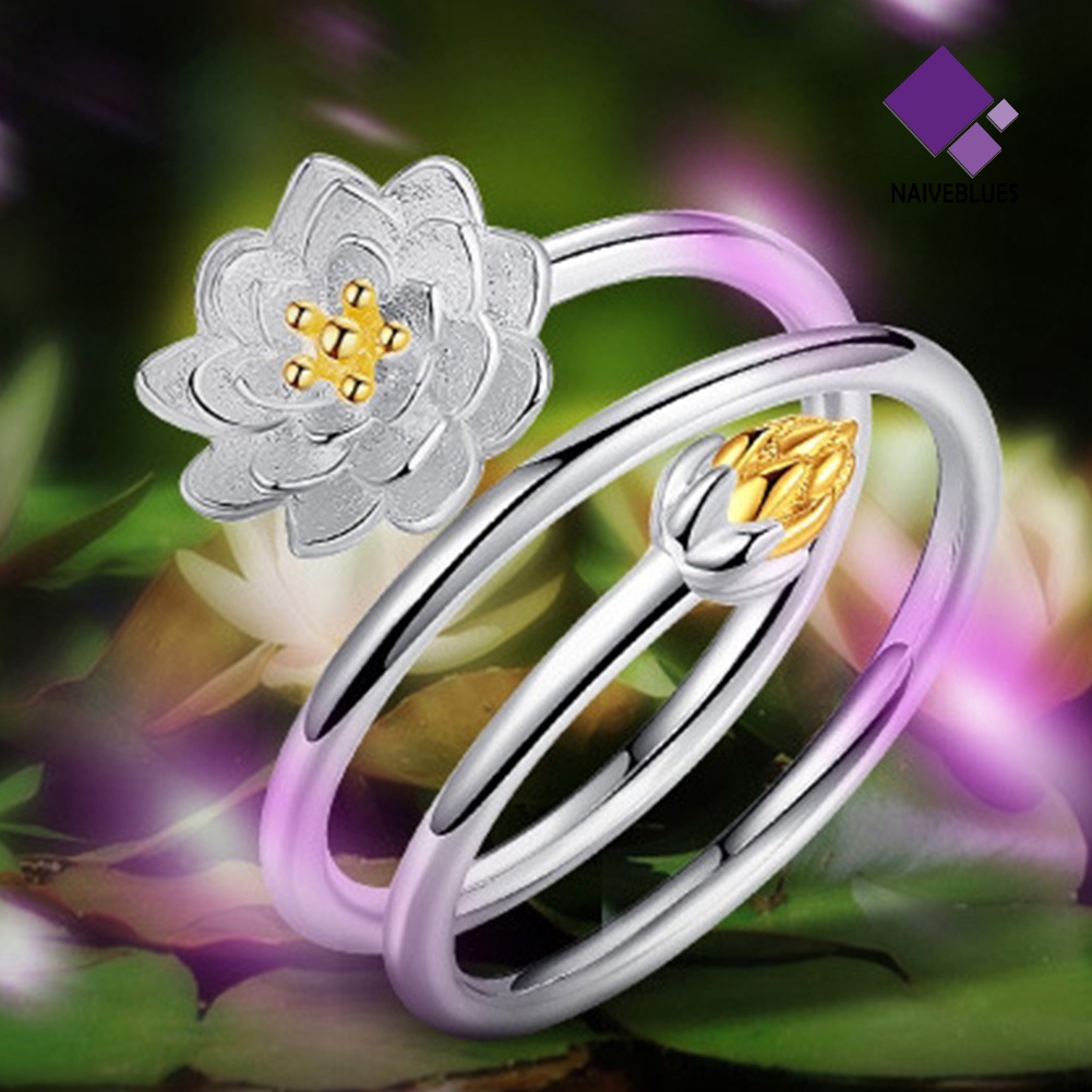 Naiveblue &gt; Cincin Terbuka Adjustable Motif Bunga Teratai Mekar Aksen Hollow Untuk Perhiasan Wanita / Pernikahan