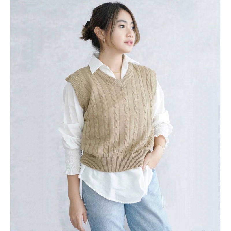 Outer Vest Rajut Kepang - Rompi Knit Sweater Korea Style Academia