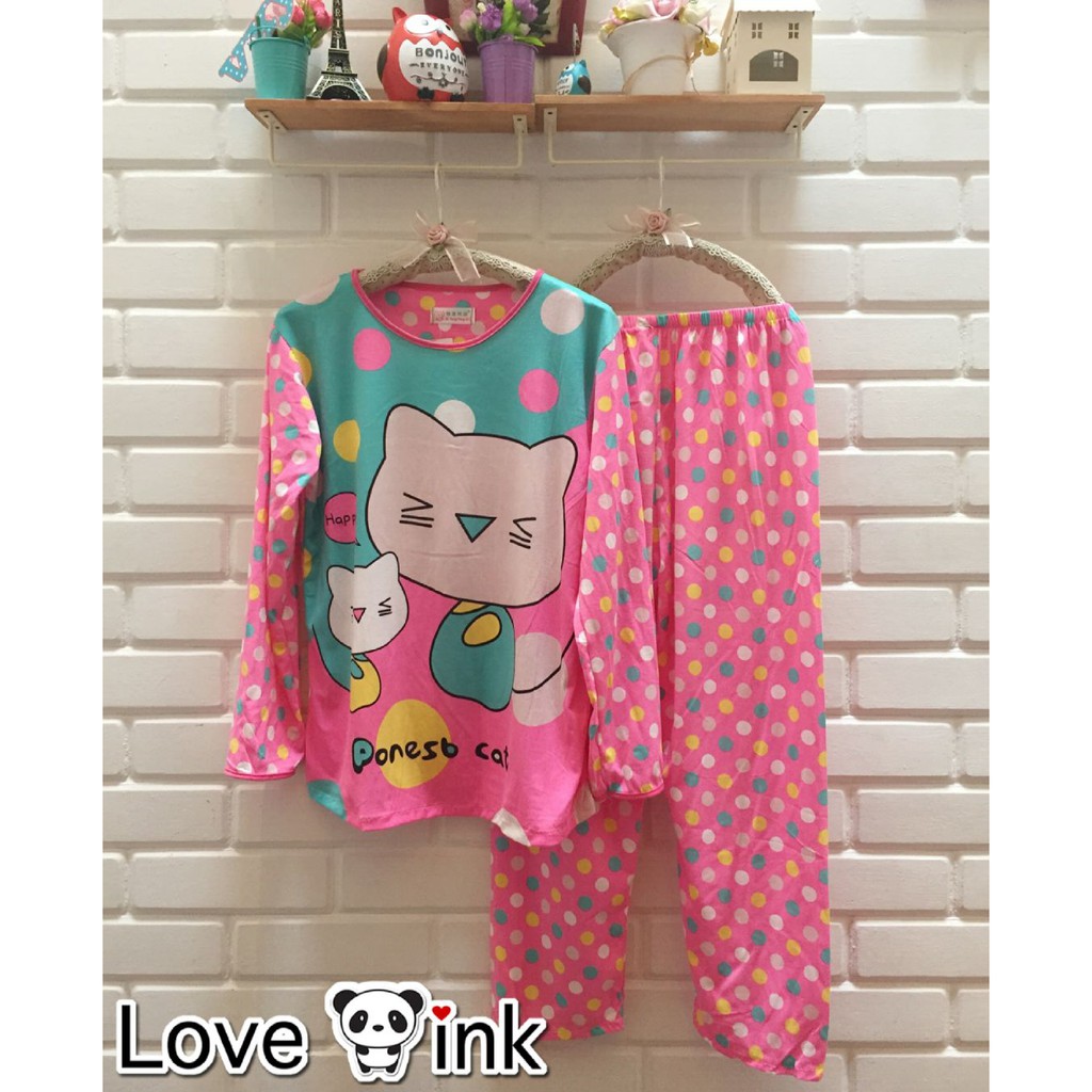 STLN157 - Setelan Piyama Happy Cat Pink (XL)