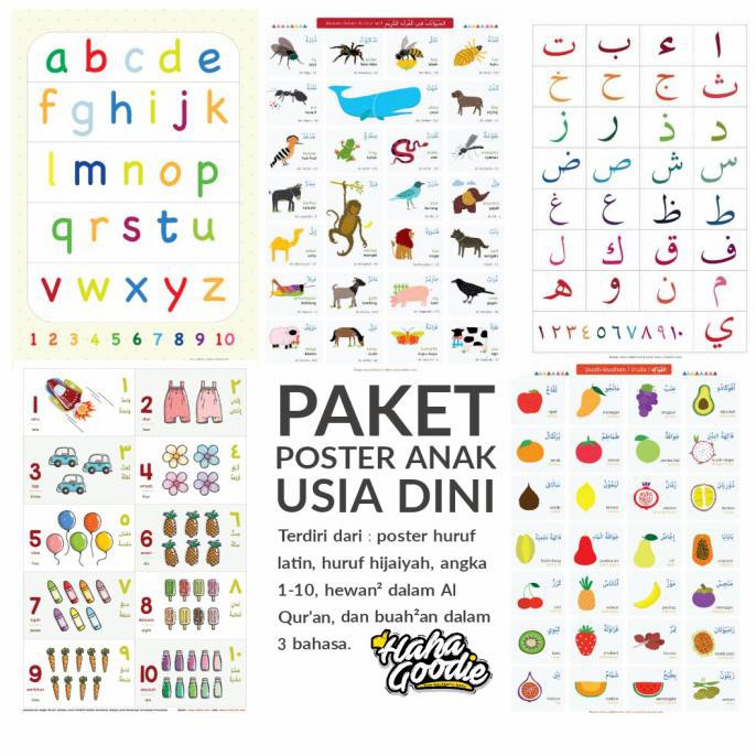 PAKET POSTER EDUKASI ANAK BELAJAR HURUF ANGKA BUAH HEWAN HIJAIYAH