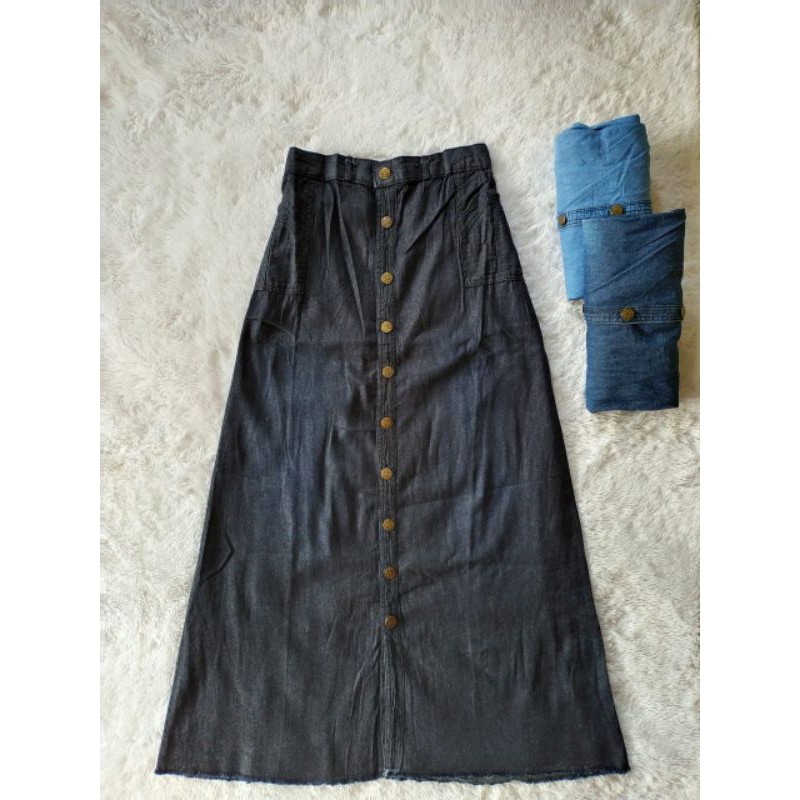 Rok jeans  button skirt panjang dewasa/rok jeans wanita-Hitam