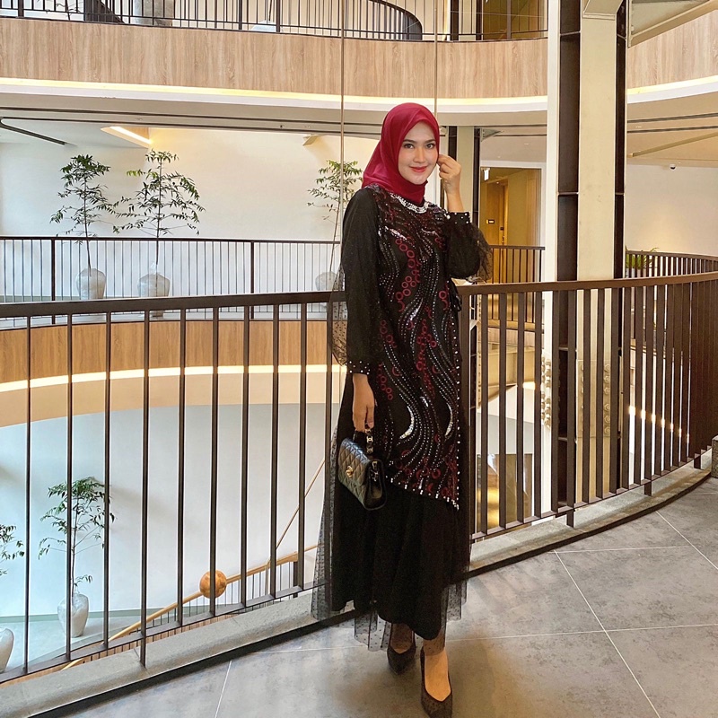 baju gamis wanita dress muslim terbaru Gamis Ozias Full tile dot aksen mutiara+aksen tutu Gamis fo b