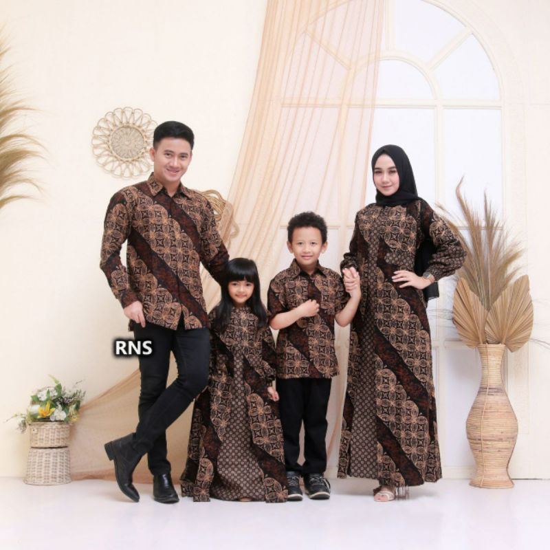 Couple keluarga batik sogan seragam ayah lengan panjang/pendek gamis ibu anak cowok cewek set kombin