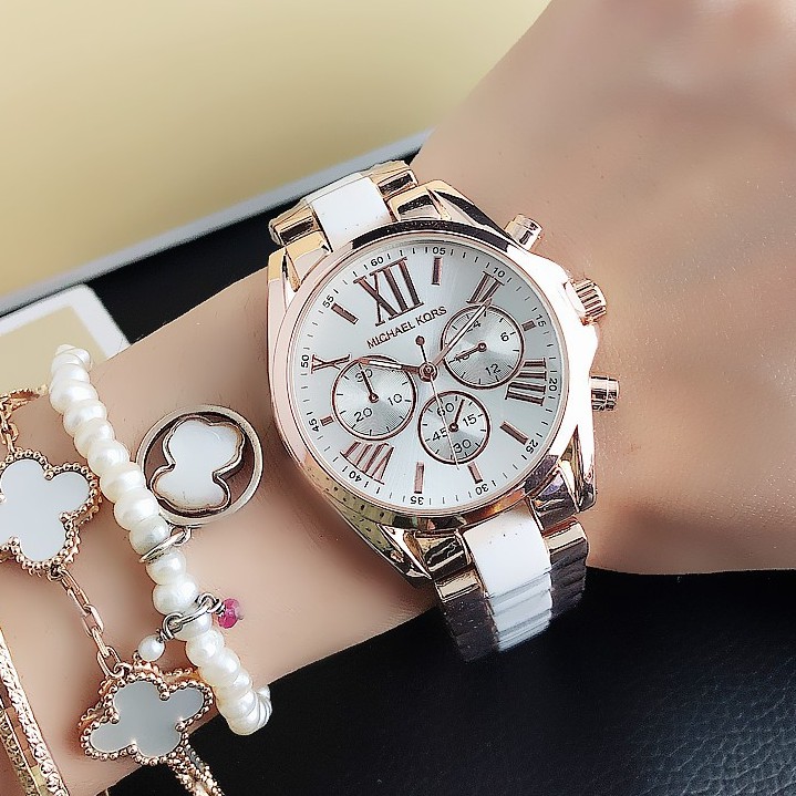 ✅COD MK Michael Kors Jam Tangan Quartz Dengan Strap Keramik Women Ceramics Watch INS Tiktok Hot-Putih