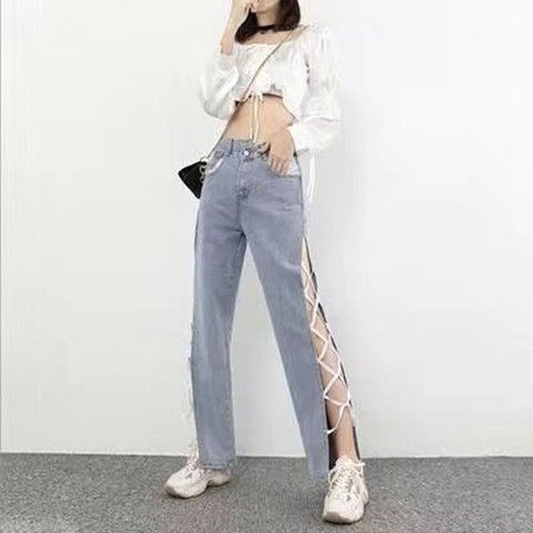 Red Celana Jeans Hitam Tinggi Pinggang Hollow untuk Wanita Musim Panas 2022 Baru Slim Lurus Micro Flaed Celana Celana