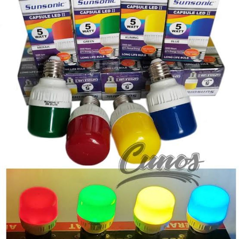 Lampu Bohlam LED Capsule Warna Merah Kuning Hijau Biru 5W 5 Watt SUNSONIC