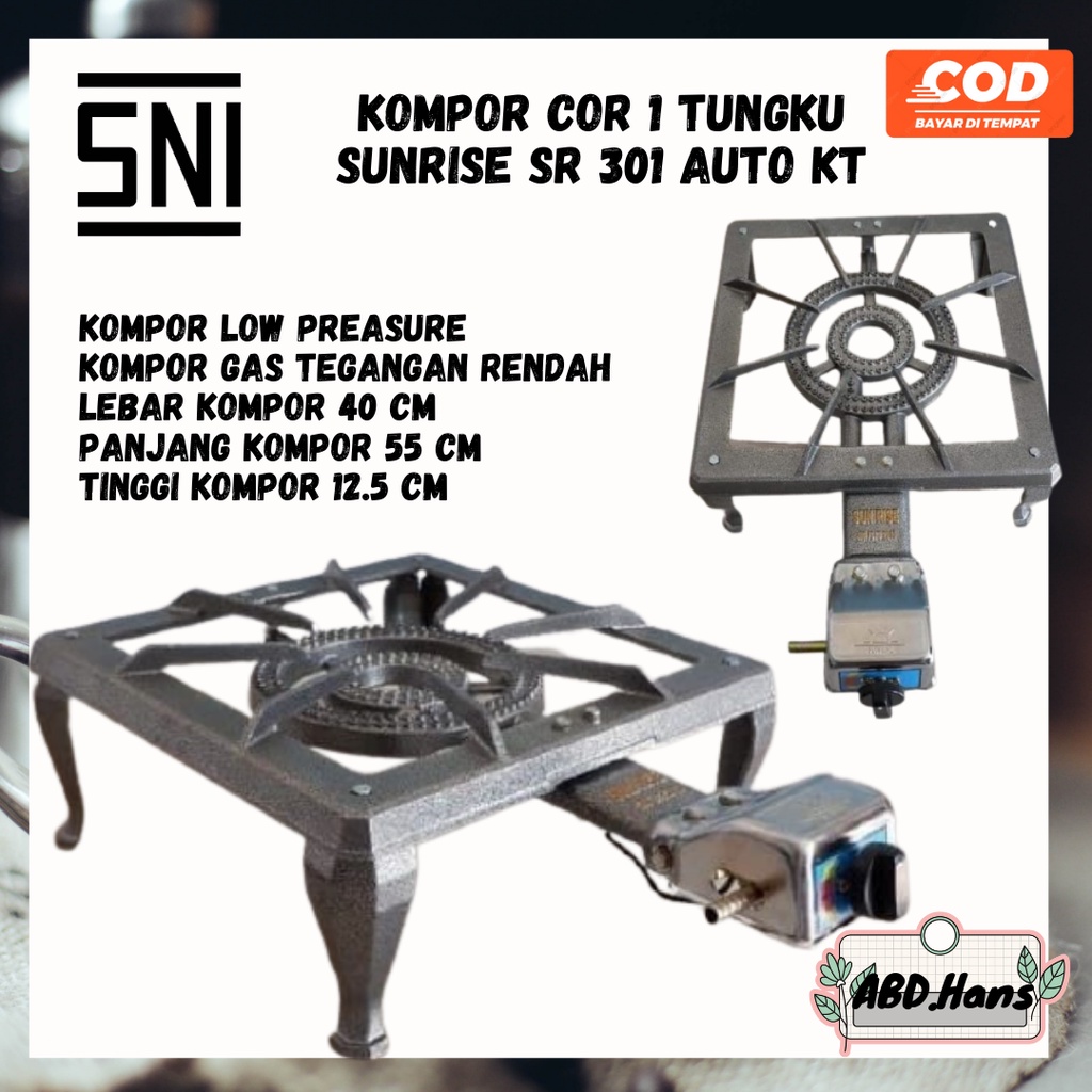 (ABD) Peralatan Rumah Tangga Kompor Cor 1 Tungku Sunrise SR 301 Auto KT SNI Low Pressure Tekanan Ren