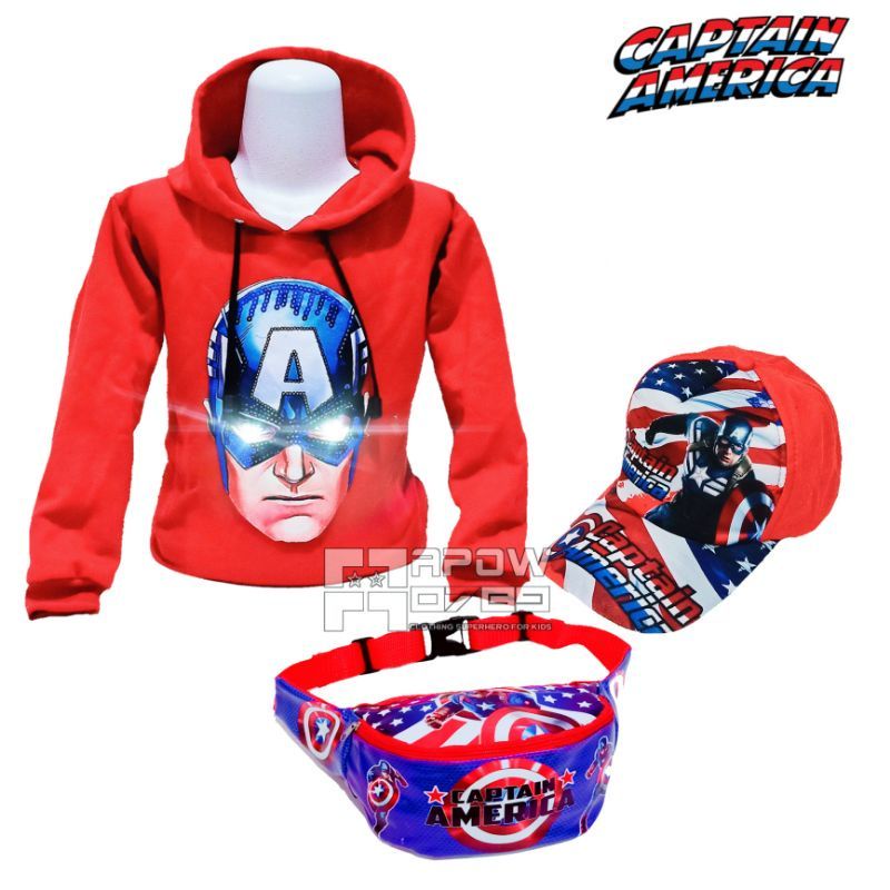 PDF COD 3in1 switer hoodie anak motif spiderman dan captain america LED bisa nyala tas slempang anak dan topi anak printing