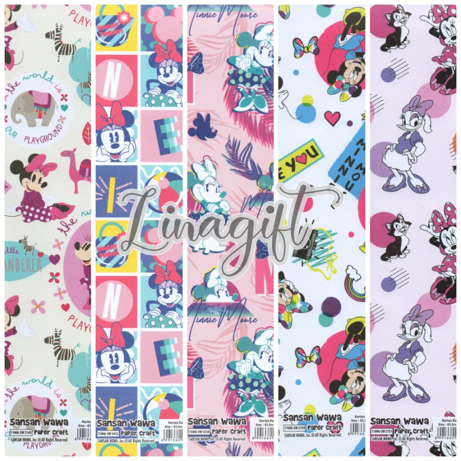 ( 5 Lembar ) MINNIE MOUSE SANWA - KERTAS KADO SANWA TIKUS MIKI - GIFT WRAP PAPER SANSAN WAWA MICKEY AND FRIENDS - WALT DISNEY DAISY DUCK / DESY BEBEK