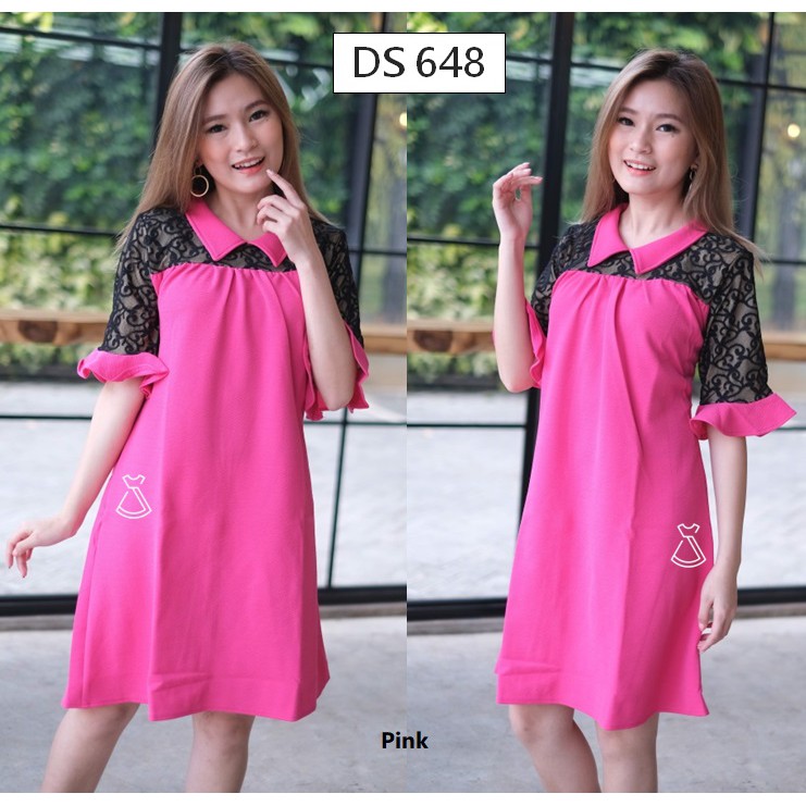 DS648 - DRESS PESTA CREPE LACE BRUKAT NATAL FLARE BUMIL WANITA IMPORT MURAH