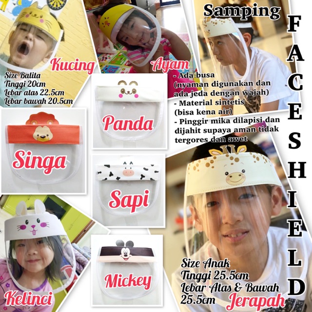 Faceshield Anak dan Balita Motif Hewan Lucu Murah Sapi Jerapah Kucing Panda Kelinci Singa Ayam