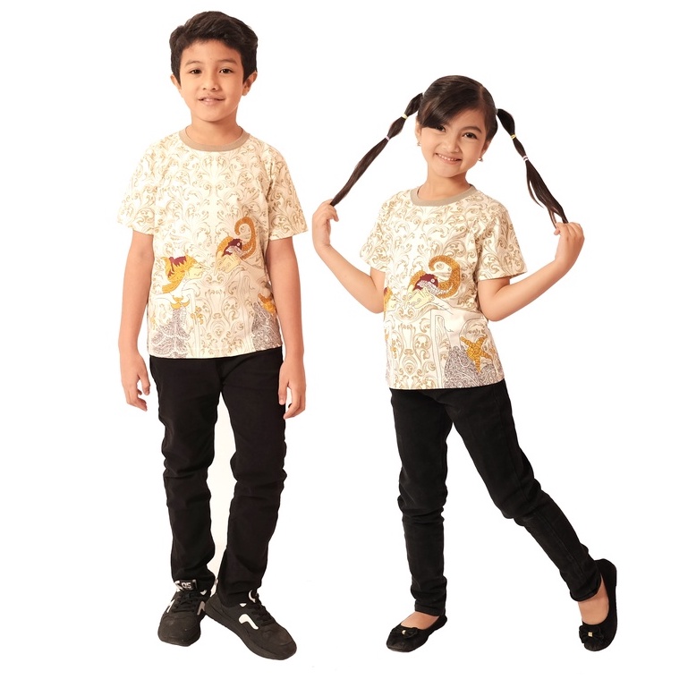 KLAMBEN Kaos Oblong Anak Unisex Batik Wayang Arjuna Srikandi Putih Tulang