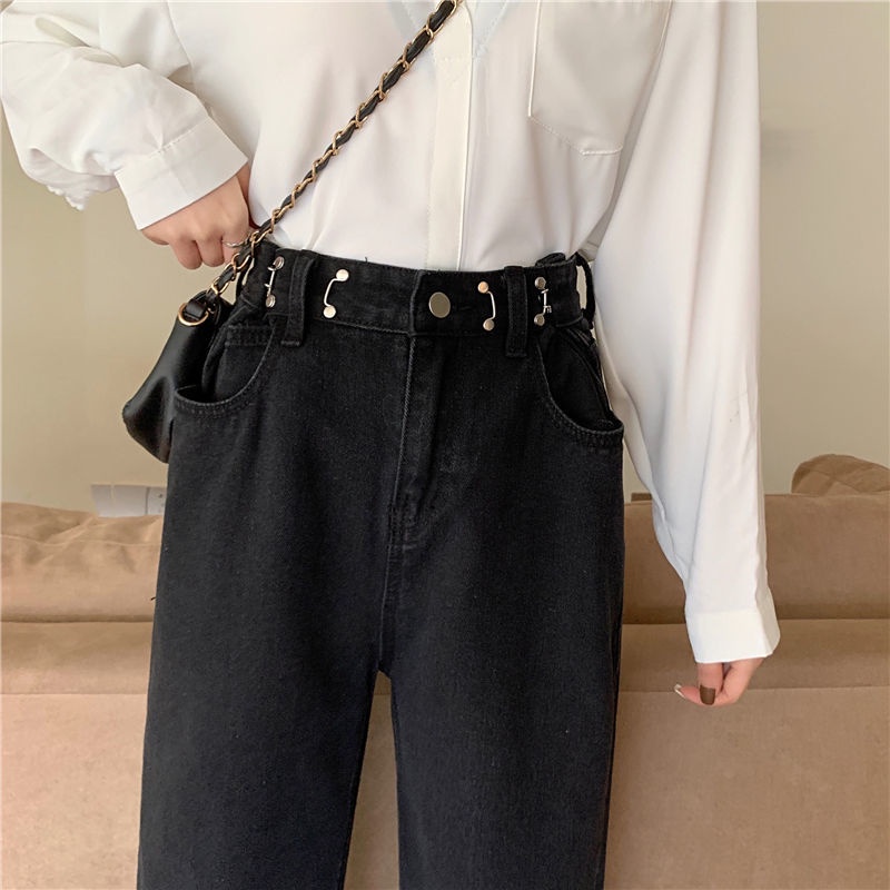 korean style putih/hitam loose straight high waist celana jeans pengait wanita