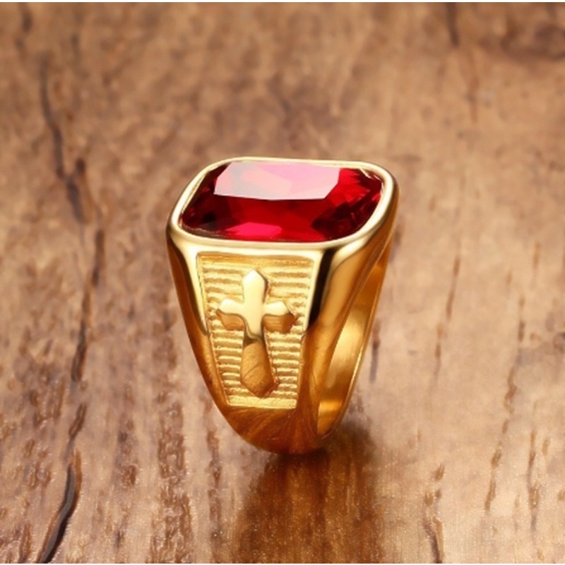 Fashion Square Red Crystal Stone Mens Ring Cross Design Gold Tone Signet Rings Men Jewelry Accessories