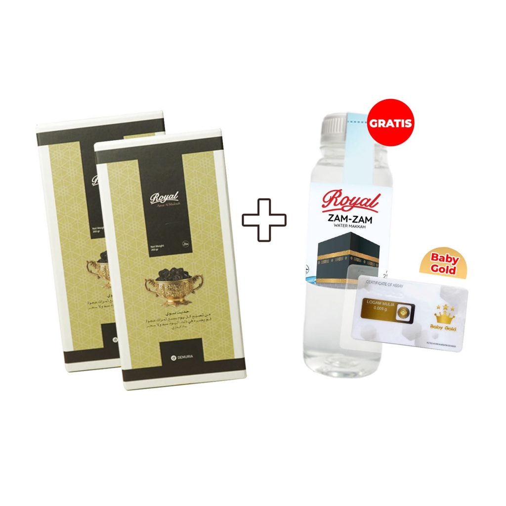 

PAKET Royal Ajwa Al-Madinah 260g 2pcs + Free Royal Zam-Zam water 250ml + Free Mini Gold