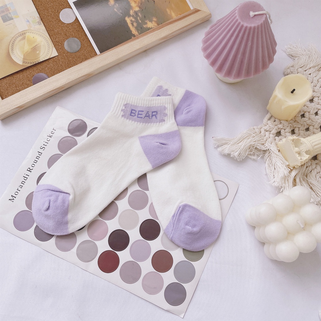 BV.ID •KK807 Kaos Kaki Wanita Motif Beruang Ungu Pendek Fashion Korean Unisex Semata Kaki Purple Bear Socks Import Ankle