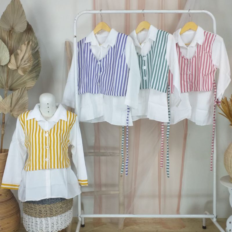 Blouse dewasa kemeja strip cewek perempuan Ld 100 garis ootd kerja jalan ( blouse strip dw )