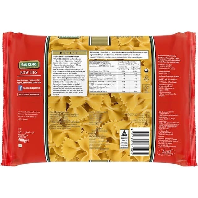 

Pasta-Aneka- San Remo Pasta Bowties 500 Gr -Aneka-Pasta.