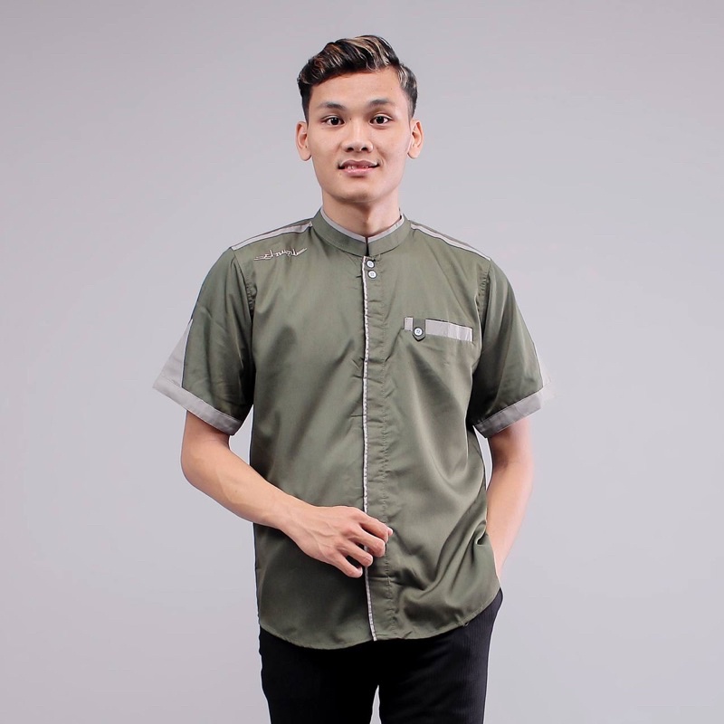 Baju Koko Pria Lengan Pendek Kombinasi Bordir Warna Army Motif Yisunsin