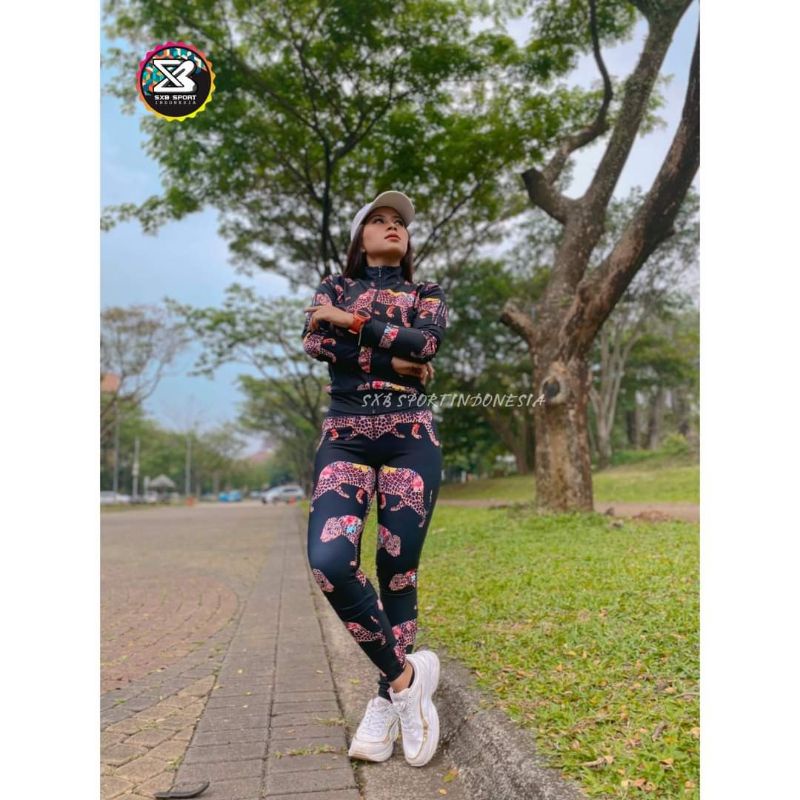BAJU OLAHRAGA SENAM AEROBIK PABRIK PAKAIAN OLAHRAGA SXB LEOPARD BESTIE JACKET AND LEGGING