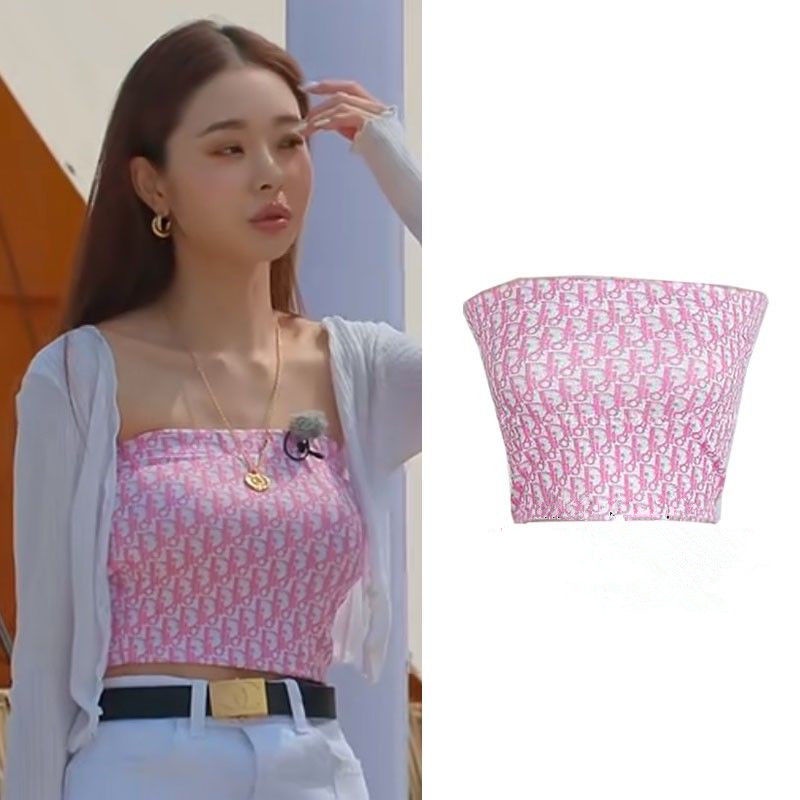 Sexy slim pink letter rompi Song Zhiya keinginan murni print tube top top women