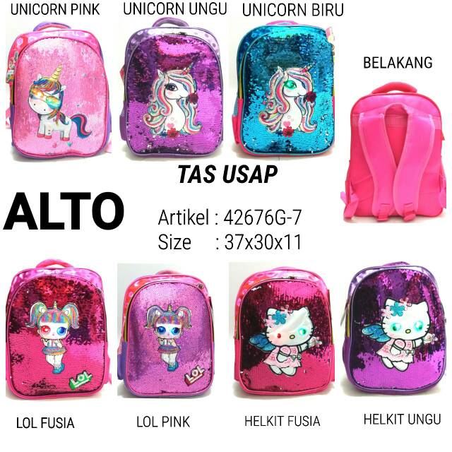 TAS SEKOLAH RANSEL BACKPACK CEWE ALTO 42676G-7 TAS SEQUIN LED DAN USAP