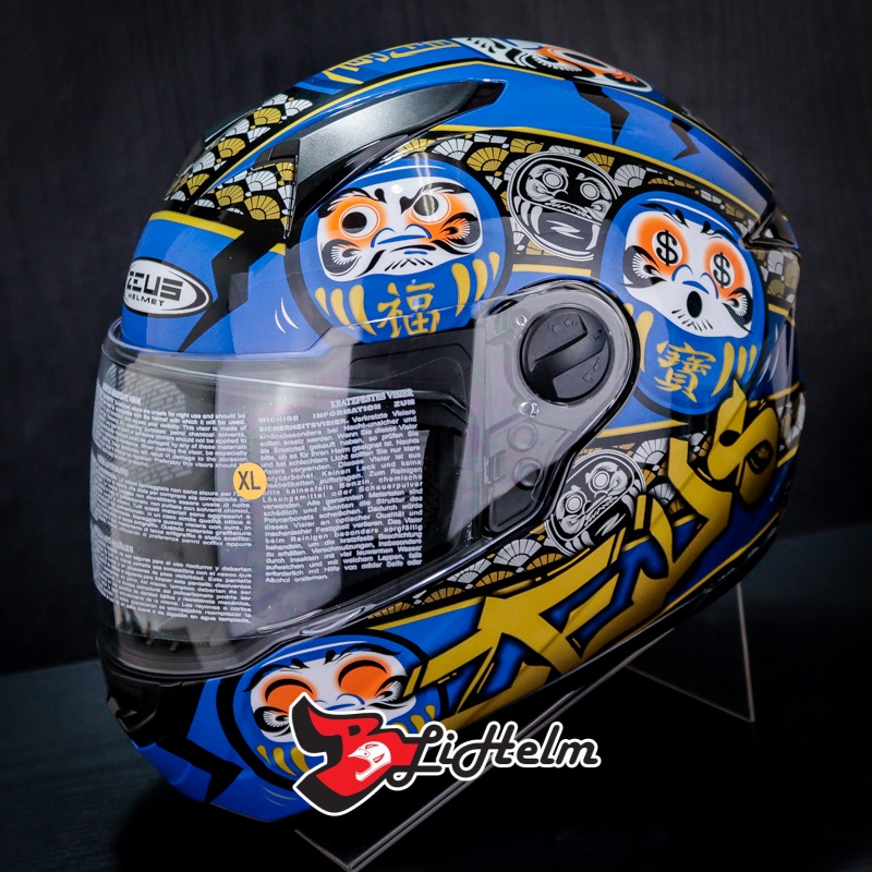 HELM ZEUS ZS 811 DARUMA | BLACK AL35 BLUE | FULL FACE HELMET | FREE SMOKE VISOR SNI
