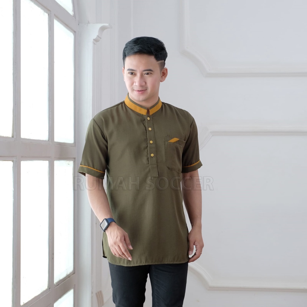 Baju Koko Pria FATHAN Lengan Pendek Atasan Muslim Pria Dewasa Polos Tersedia Ukuran S M L XL XXL