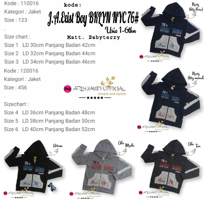 AM | Jaket Anak Exist Boy BKLYN NYC 76# | Jaket Anak Laki-Laki Usia 1-6thn