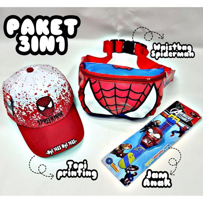 Waistbag anak karakter spiderman 3in1 - tas + topi + jam