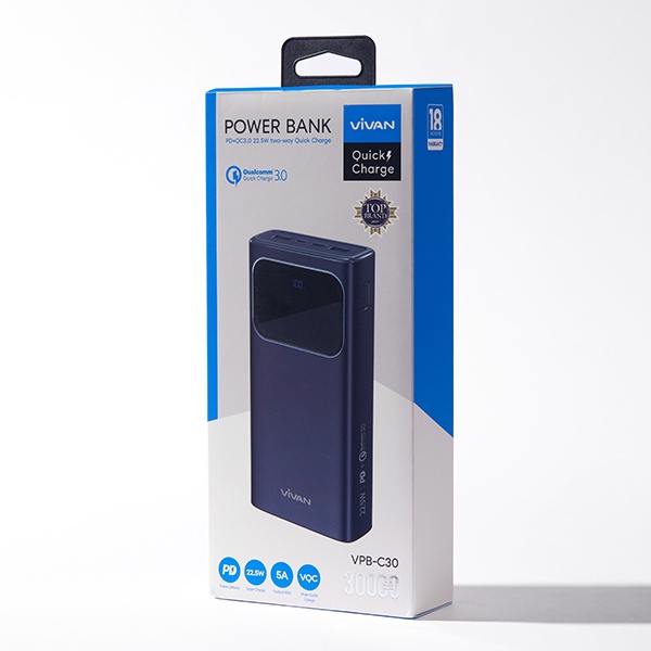 POWER BANK VIVAN Powerbank 30000 mAh VPB-C30 3 Output Fast Charging 22.5W PD QC 3.0 VOOC Support Smartphone All Type-Garansi Resmi