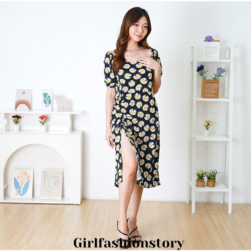 CASHA - ZFS OOTD wanita Dress WENDI / SQUISH DAISY DRESS / Dress Motif Bunga Daisy / Dress Cantik Pi