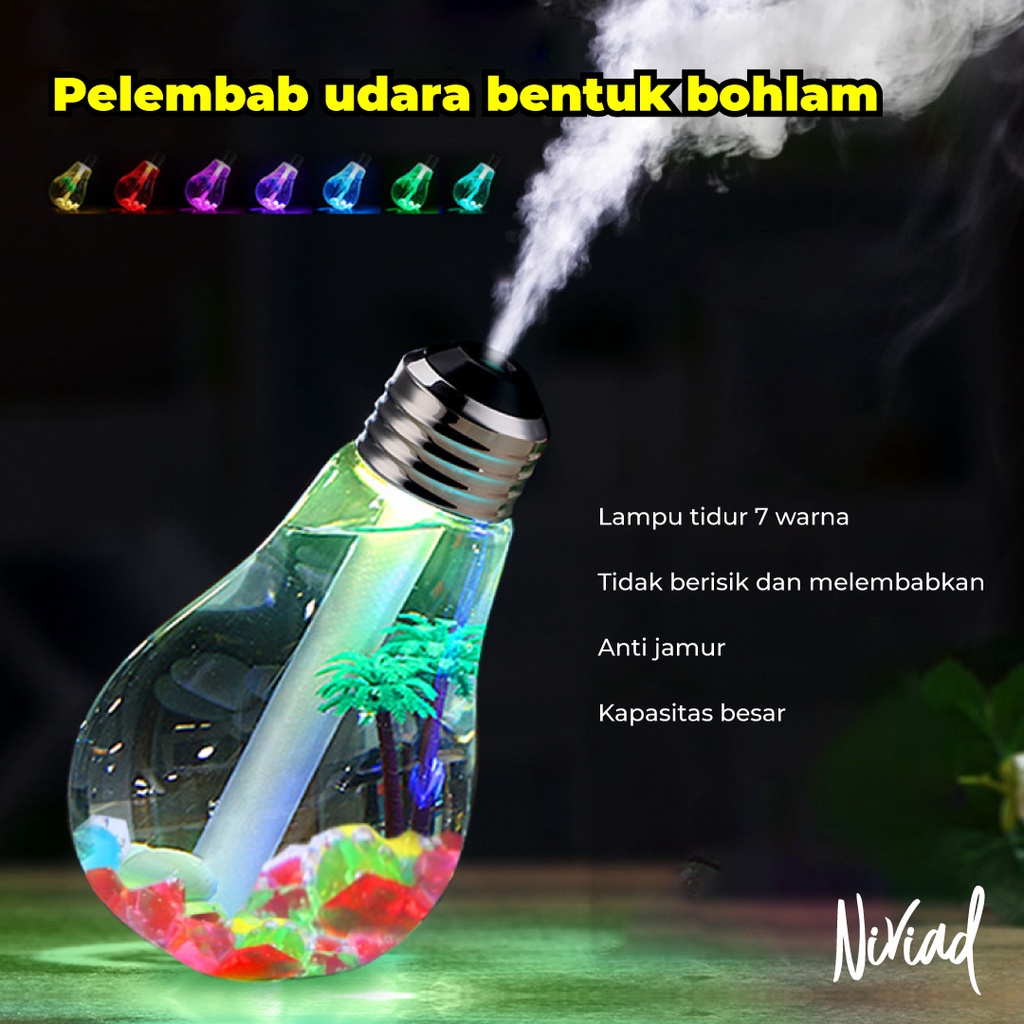 Bulb Humidifier Diffuser with LED Light Purifier Pelembab Udara