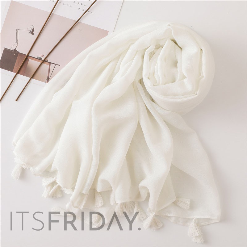 ITSFRIDAY ANGELA In WHITE Scarf - Premium Pashmina Shawl Selendang Syal Pasmina Hijab Import Motif Polos Putih Tassel