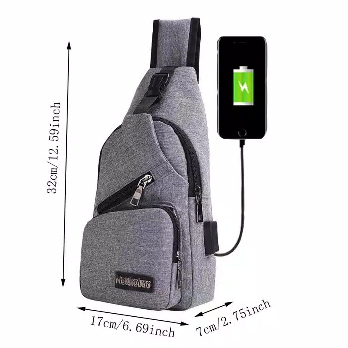 INFY - Tas Hp Selempang Dada USB Port Kanvas Sling Bag Travel Fashion Pria P005 Import Murah