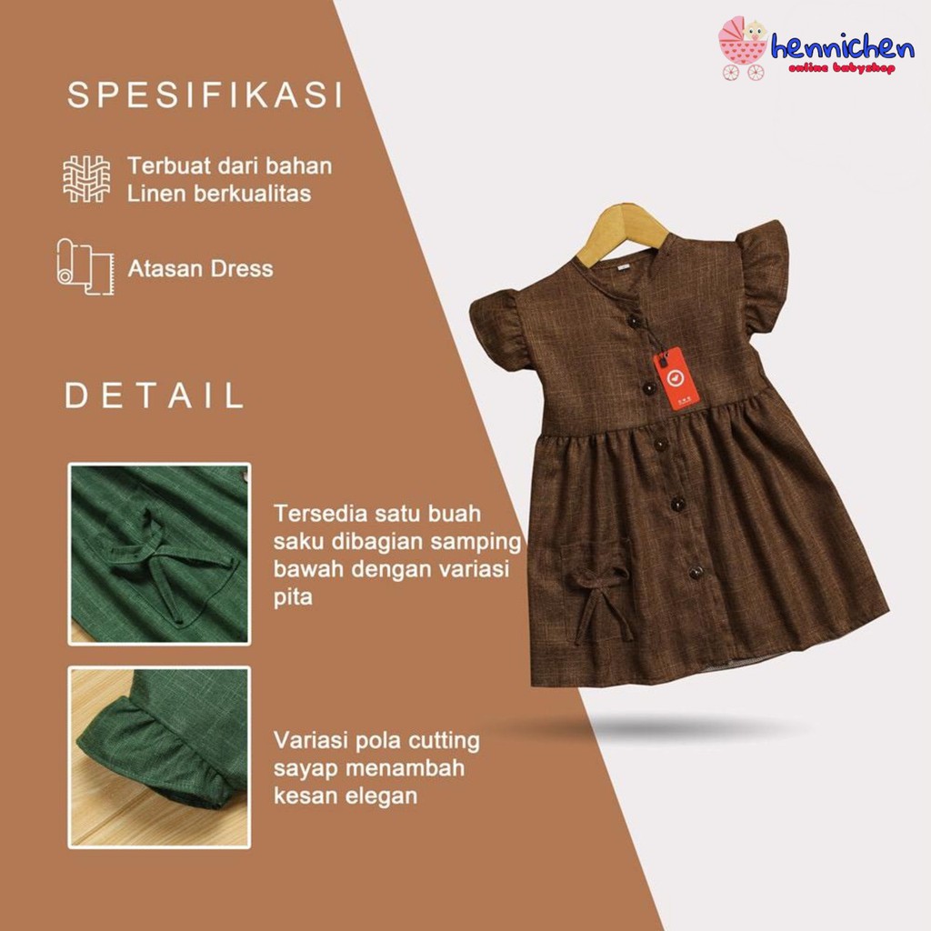 DRESS ANAK BAHAN LINEN TERUSAN ANAK DRESS CATLYN BAHAN PREMIUM 1-6 TAHUN OVIKIDS