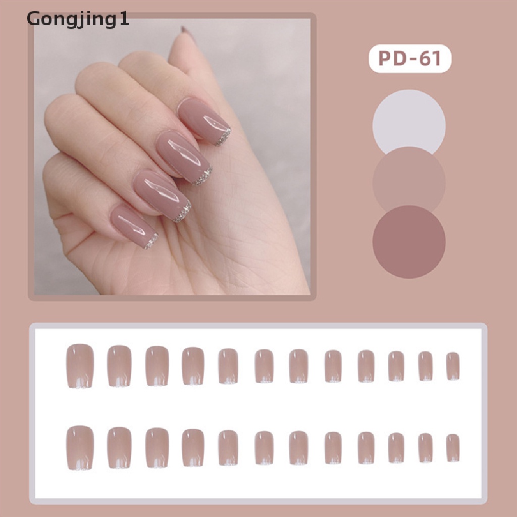 Gongjing1 24pcs / Set Kuku Palsu Full Cover Panjang Bisa Dilepas Untuk Nail Art