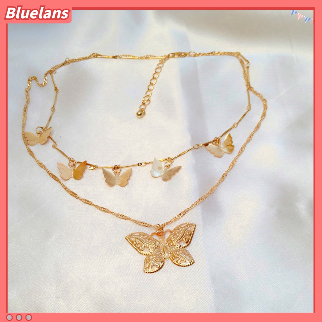 Bluelans Kalung Rantai Choker Klavikula 2 Lapis Dengan Liontin Kupu-Kupu Untuk Wanita