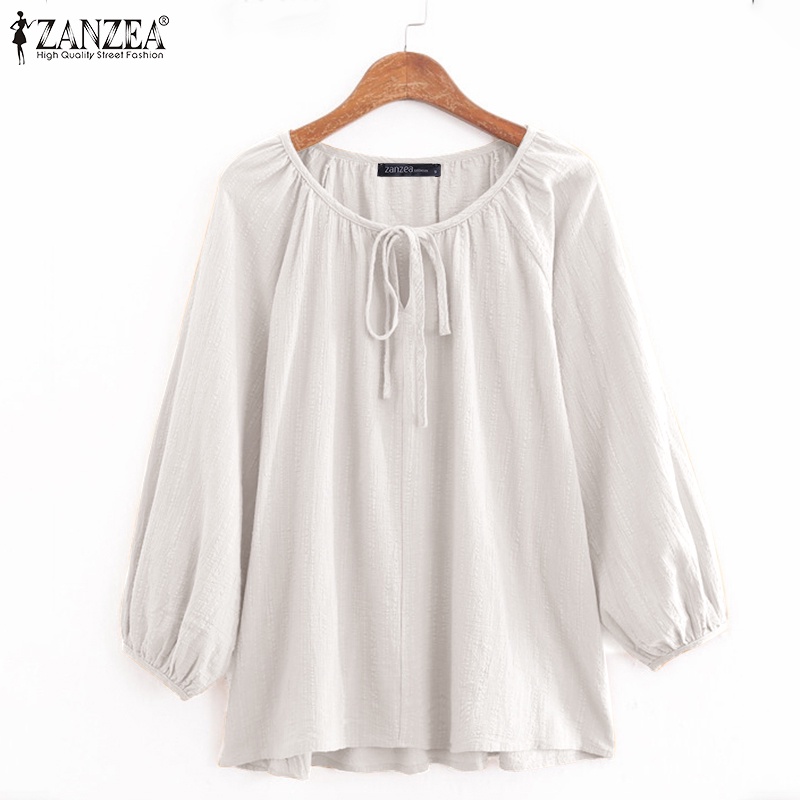 ZANZEA Women Casual Vintage 3/4 Puff Sleeve Solid Color Blouse