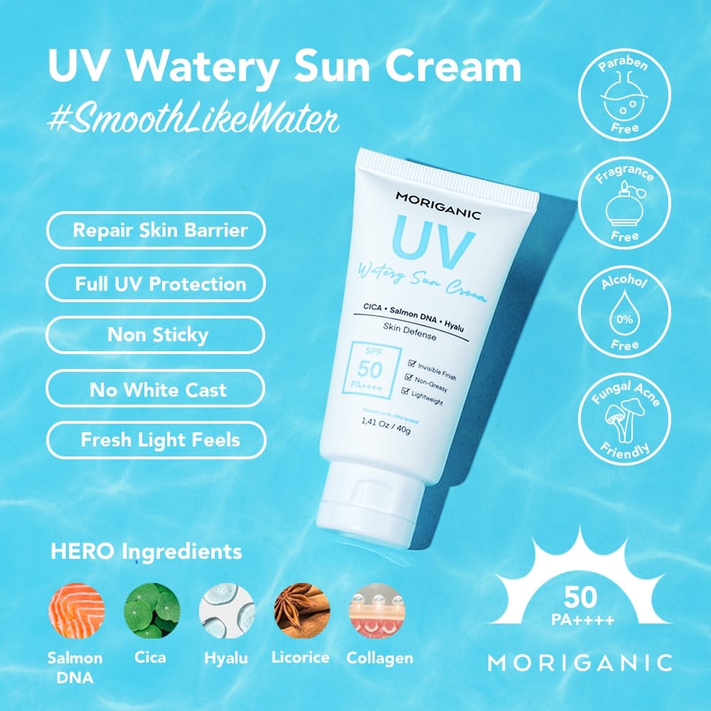 Moriganic Sunscreen UV Watery Sun Cream with CICA - Salmon DNA - Hyaluronic SPF50 PA++++ 40gr