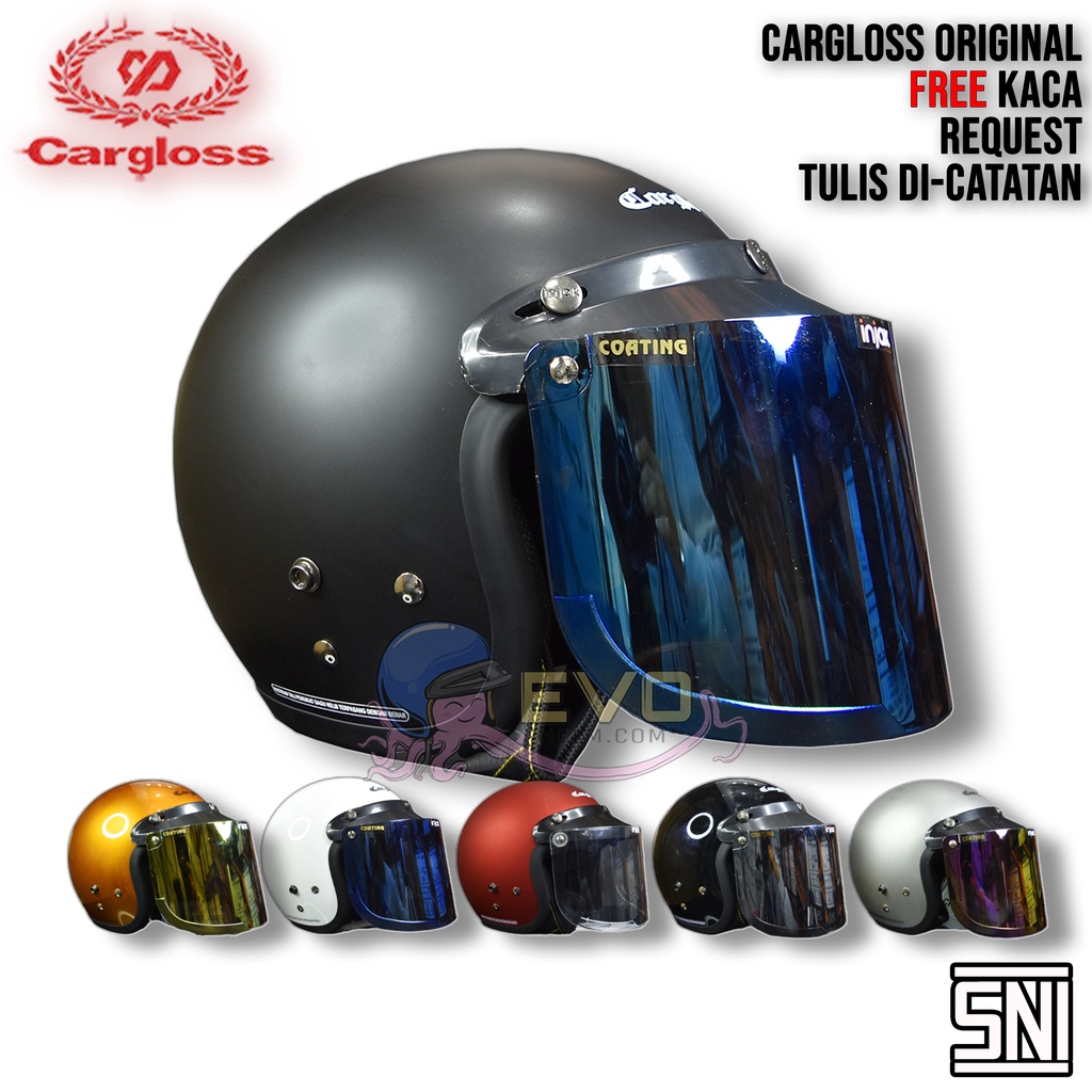 HELM CARGLOSS CFM RETRO ORIGINAL WARNA LENGKAP CARGLOSS KACA DATAR INJAK SILVER PELANGI GOLD BIRU - FREE BUBBLE WARP ( ONGKIR 1KG SAJA )