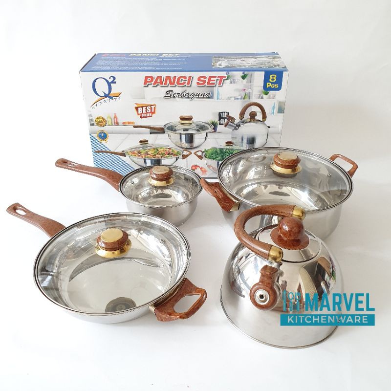 Panci Set Stainless Q2 7208 Panci Penggorengan Teko Cookware Set Tutup Kaca Cocok Untuk Kado Nikah