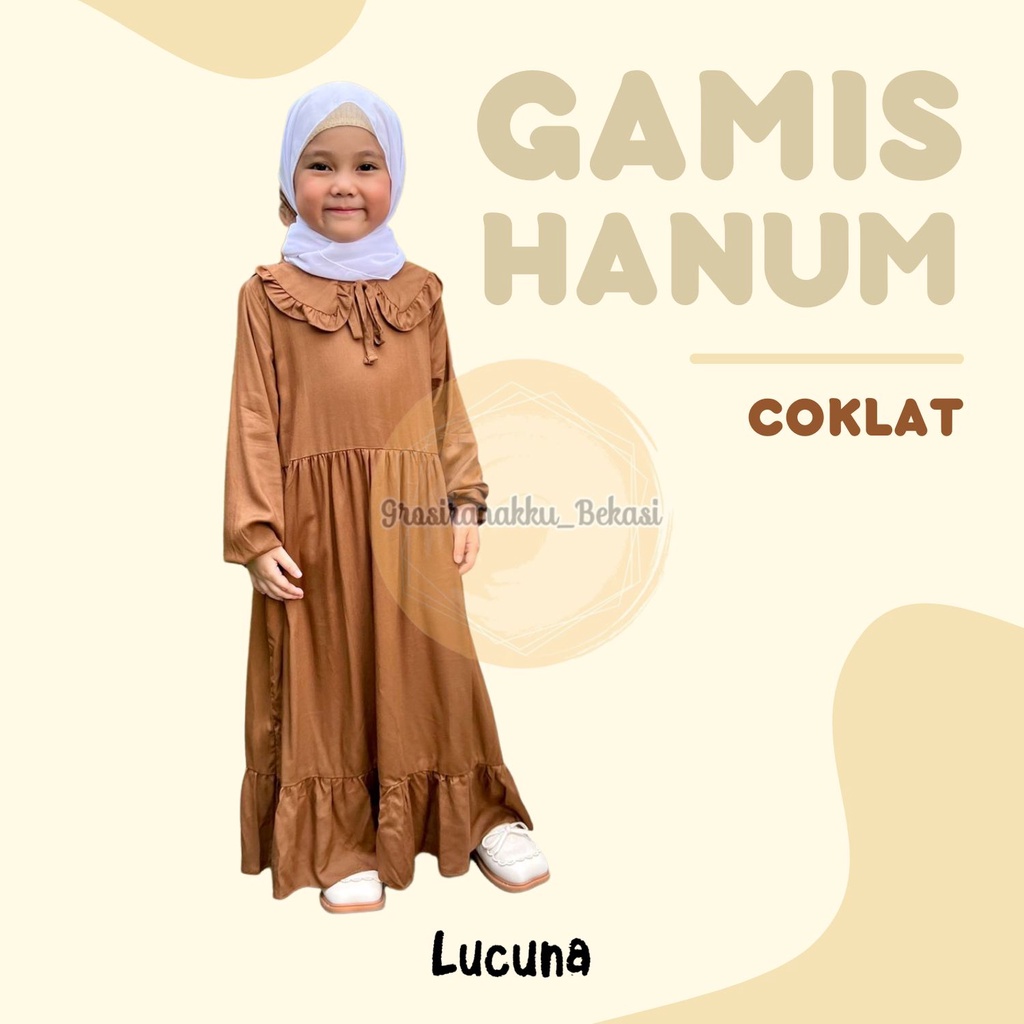 Gamis Rayon Anak Hanum Lucuna Warna Coklat Size 2-10 Thn