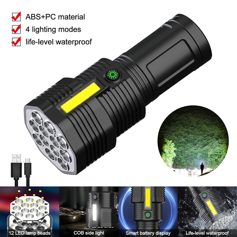 Lampu Senter 12-LED USB Rechargeable Bentuk Bulat 4-mode Adjustable Anti Air Untuk Outdoor