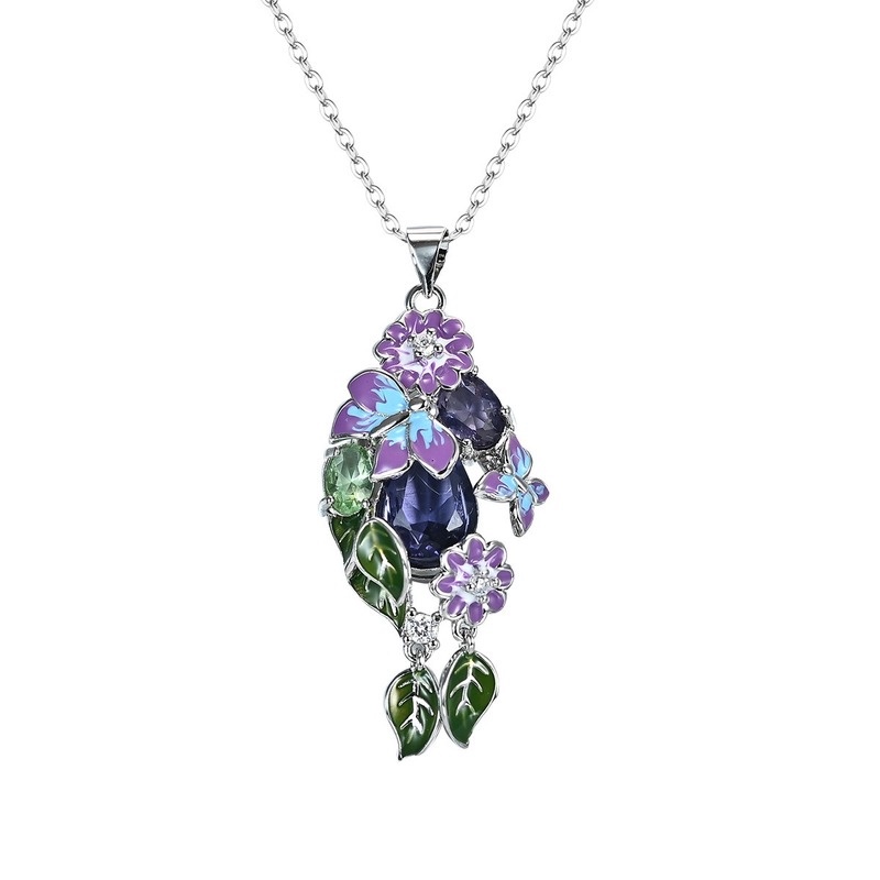 [Ready Stock]Fashion Inlaid Butterfly Pendant Long Leaf Flower Necklace