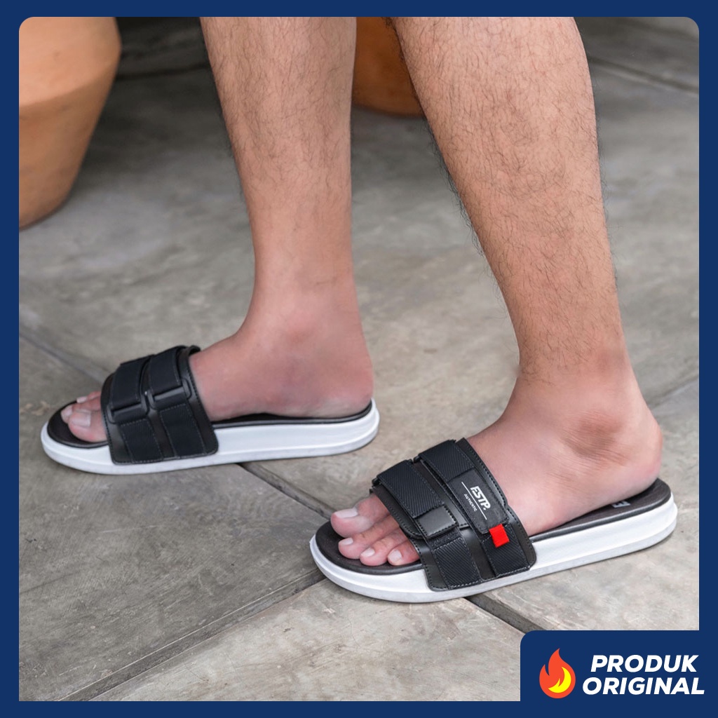 STEREO BLACK WHITE ORIGINAL x FOOTSTEP Sandal Casual Hitam Putih Pria Sendal Slide Jalan Santai Harian Slippers Hangout Main Kondangan Lebaran Slop Selop Karet Premium Slip On Remaja Dewasa Flip Flop Kerja Formal Sport Men Footwear Keren Terbaru Kekinian